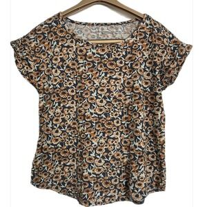 LL Bean Signature‎ Floral Cotton Modal T-Shirt Navy Orange Cuffed Sleeve Small